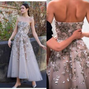 Strapless mid length western-style socialite ballroom graduation gown birthday party bride wedding Arabic evening gown