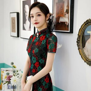 Cheongsam stand collar high slit women’s day bag buttock printed banquet dress