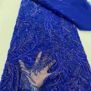 African Lace Fabric 2024 High Quality 5 Yards Beaded Lace Fabric Luxury Royal Blue Sequence Lace Fabric For Evening Dress A650-1