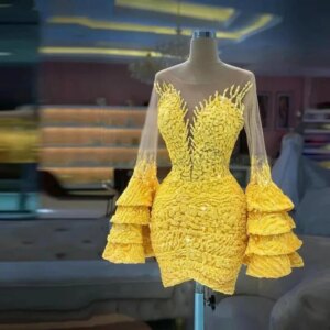 Yellow Short 2025 Prom Dresses Long Sleeve Jewel Neck Custom Made Straight Crystals Flower Lace Mini Length Cocktail Party Dress