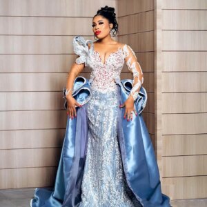 Sky Blue Mermaid Prom Dresses With Detachbale Train Lace Appliques Beads Sequins Evening Dresses Long Sleeves Wedding Party Gown