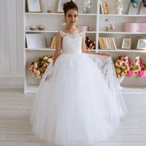 Flower Girl Dresses White Tulle Floral Appliques With Bow Sleeveless For Wedding Pageant Party Holy Communion Gowns Customized