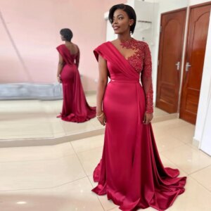 2025 Evening Gown One Shoulder Satin Beading Appliques Mermaid Pleated Vestidos De Novia Vintage Evening Dresses Single Sleeve