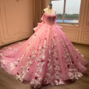 Glitter Pink Princess Quinceanera Dresses 3D Flowers Appliques Beads Bow Tull Sweet 16 Dress Vestidos De 15 Anos Birthday Party