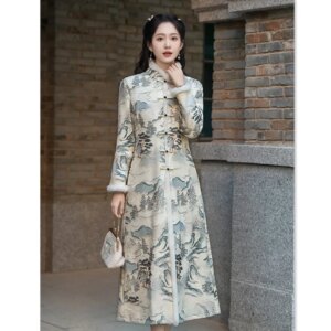 Chinese Brocade Jacquard Fleece Padded Coat Winter  Women’s Improved National Style Long Sleeve Cheongsam Qi Pao