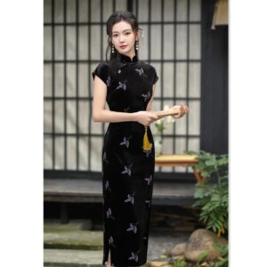 Simple Fashion Velvet Sleeve Long Cheongsam Qi Pao2025 Spring and Summer New Improved Chinese Daily Wearable Pao Dress