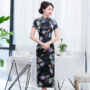 Spring and Summer New High Quality Real Silk Improved Printed plus Size Cheongsam Qipao Women’s Dress