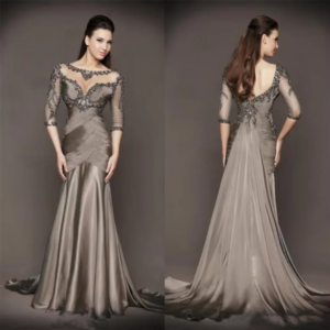 Gorgeous Gray Mother of the Bride Dresses Half Sleeves Mermaid Floor Length Appliques Illusion O-neck Cut out Women Prom Gowns