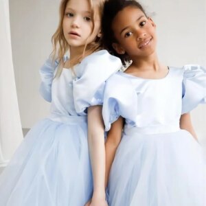 Party Dresses Puff Sleeve Tulle Flower Girl Tutu Dresses for Wedding Birthday Party Satin Tulle Girl Dresses with Bow-Knot