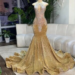 Luxury Gorgeous Crystal Prom Dresses Halter Neck Women Formal Met Gala Evening Gowns Birthday Party Vestido De Noche Customized