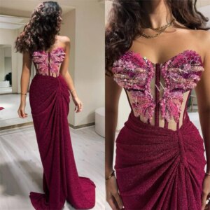 Customized High Quality Strapless Sheath Quinceanera Sequin Fold Tulle S Occasion Evening Gownevening dresses women