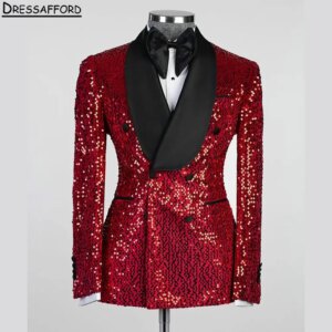 Red Sequined Groom Tuxedos Groomsmen Men’s Wedding Prom Suits For Men 2 Pieces(Jacket+Pants)