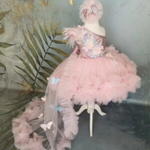 Toddler Pageant Prom Dress Pink Butterfly Baby Girl Birthday Outfit Long Tail Photoshoot Vesture Prom Gown
