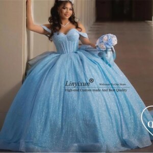 Mexican Shiny Sky Blue Quinceanera Dress Ball Gown Glitter Applique Beaded Bow Corset Sweet 16 Vestidos De 15 Anos Customized
