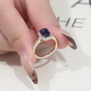 Provence wedding Ring 10K Solid Gold Blue Emerald cut Lab Gemstone ring DEF/VS Lab Diamonds half band Personalized Custom