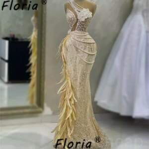 Arabic Dubai Elegant Formal Evening Dress with Feathers Champagne Couture Special Party Gown Pearls Beaded Mermaid Prom Dresses