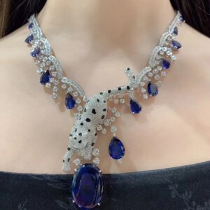 luxury jewelry classic leopard torques necklace green blue color 925 sterling silver with cubic zircon gorgeousness