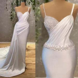 Elegant Mermaid White Wedding Dress Spaghetti Strap Pearl Sexy V-neck Princess Bridal Gown Custom Vest Floor Length Robe