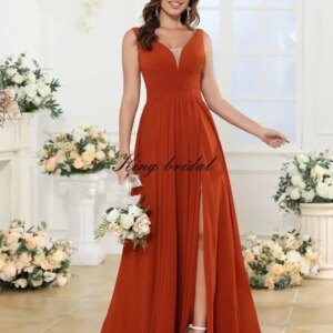 V Neck Formal Evening Prom Gowns Dresses with Slit Custom Made Women’s Simple Chiffon Bridesmaid Dresses with Pockets Long