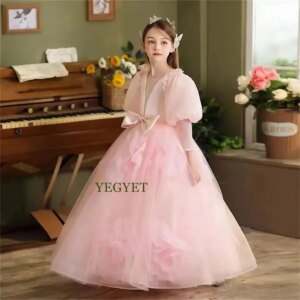 CustomizedLuxury Pink Girl Dress Flowers Long Puffy Sleeve for Princess Kids Birthday Wedding Party Pageant Holiday Gown