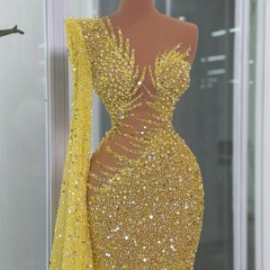 New Elegant Yellow Evening Dresses With Cape Sleeves Customized Sequins Beaded Wedding Party Dress Robes De Soiree Prom Dress