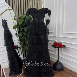 Customized Black Lace Off The Shoulder Evening Dresses Beaded Floor Length Women Prom Dresses Formal Party Gowns Saudi Arabia