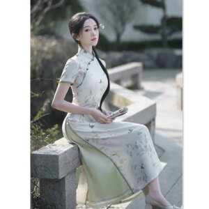 Ethnic Style Long Modified Cheongsam Qi Pao Skirt Spring and Summer New Young Girl’s Brocade Cotton Dress
