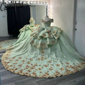 Mint Green Crystal Beading Ruffles Quinceanera Dresses Ball Gown 3D Flowers Appliques Lace Corset Vestidos De XV Anos