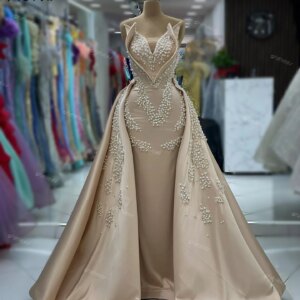 Dubai Woman Pearls Wedding Dress with Detachable Train Champane Sleeveless Mermaid Long Formal Evening Gowns vestido de noche
