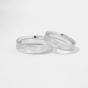 Custom Designer Handcrafted Streamline Design PT950 White Gold Men’s & Women’s Engagement Couple Rings, Elegant Wedding