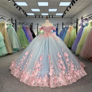 Customized Ball Gown Quinceanera Dress With 3D Appliques Lace Bead Mexican Sweet 16 Off Shoulder Birthday Vestidos De 15 Años