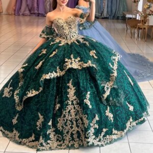 Blackish Green Shiny Quinceanera Dresses 2025 Gold Lace Appliques Mexican Ball Gown Prom Party Dress Vestidos Butantes 15 anos