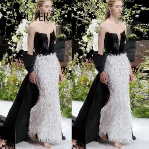 Black White Sequin Mermaid Evening Dress Fit Body Tassels Formal Dress Off Shoulder Detachable Bow Back Extra Cape Prom Gown