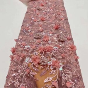 African Lace Fabric 2024 High Quality Lace 3D Flower Embroidery Beaded Sequins Tulle Nigerian Lace Fabrics For Women Dresses