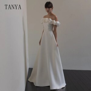 Customized A Line Strapless Wedding Dress With Detachable Shawl Simple Satin Lace Up Back Floor Length Bridal Gown TSWD196