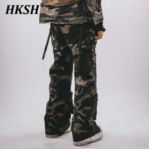 HKSH Autumn Men’s Tide Punk Waste Land Camouflage Dirty Wide Leg Three-dimensional Safari Style Multi Pocket Cargo Pants HK2828