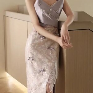 Light Purple Prom Dress Strapless Appliques Detachable Bow Jacquard Halter Beaded Split Sexy Party Performance Host Evening Gown