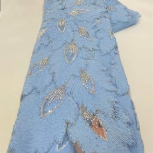 Elegant Blue Luxury African Sequin Lace Fabric 2025 High Quality French Nigerian Groom Beas Lace Fabric for Sewing Dress Q421-1
