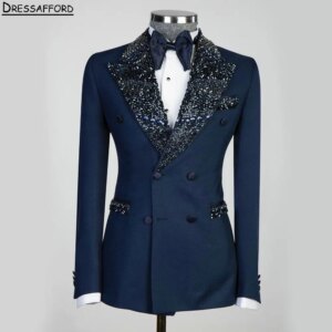 Dark Blue Men Business Crystal Beading Formal Occasion Tuxedos Grooms Wedding Party Prom Male Suit 2 Piece Set Blazer Pants