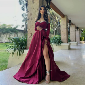Little Daisy CustomizedElegant Burgundy Evening Dresses Saudi Off Shoulder High Slit Beading Pearl A-Line Party Dress Guest Prom