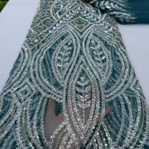 Green Lace Fabric 2024 High Quality Luxury African Handmade Beaded Lace Fabric High End Material Luxury Sequins For Dress A652-1