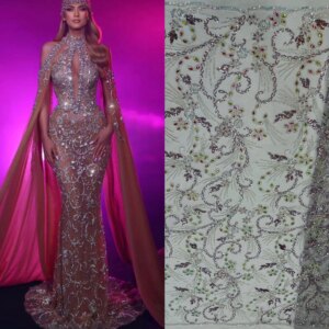 2025 Latest French Beaded Tulle Lace Fabric High Quality Stones African Net Lace Fabrics with Sequins For Evening Dresses