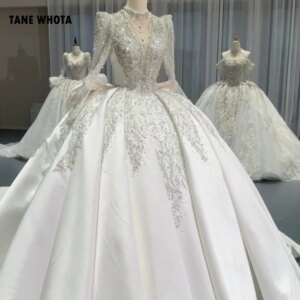 Vestidos De Novias De Boda High Long Sleeve Wedding Dress Lace Up Keyhole Back Bow Beading Embroidery Ball Gown Bridal Dress