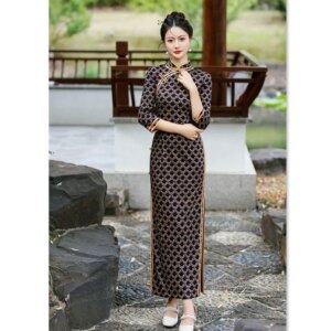Old Shanghai Retro National Style Long 3/4 Sleeves Cheongsam Qi Pao Autumn and Winter New Traditional Middle-Aged Elderly Dress