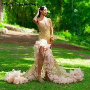 EVLAST Customized Shiny Gold Ruffles Prom Dress Blackgirls High Slit Crystal Beaded Mermaid Party Gown Robes De Soirée E2P450