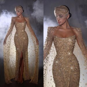 Gorgeous Strapless Mermaid Prom Dress Sexy Beading High Split Formal Evening Gowns With Cape Customized Robe De Soirees