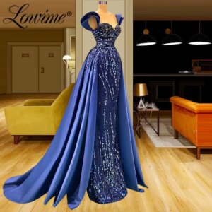 Lowime 2022 Blue Evening Dresses Elegant Dress Women For Wedding Party Mermaid Capped Sleeves Beaded Crystals Long Prom Gowns
