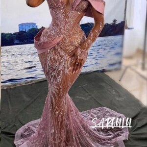African Pink Sexy Evening Prom Dress Shiny Beaded Bride Robe Illusion Party Birthday Bridal Dresses Vestidos De Novia