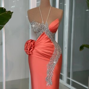Elegant Coral Orange Halter Neck Mermaid Formal Party Dress Beaded Flower Satin Evening Special Occasion Dresses Prom Cocktail