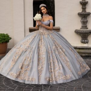 Gray Quinceanera Dresses Ball Gown Off The Shoulder Applique Lace Beading Crystal Tull Party Birthday Sweet 16 Dress Vestidos 15